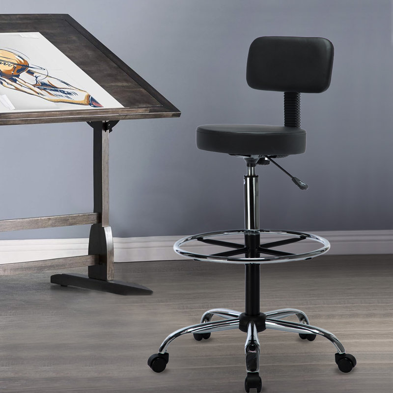 Dakotta Faux Leather Kneeling chair Drafting Stool for Office Studio Adjustable Height Adjustable Rolling Stool Black